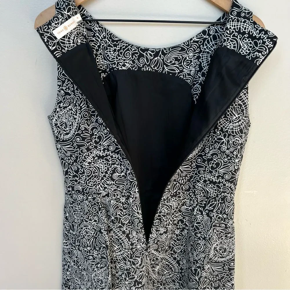 Tory Burch Paisley Doodle Print Sheath A-line Black and White Dress Size 10